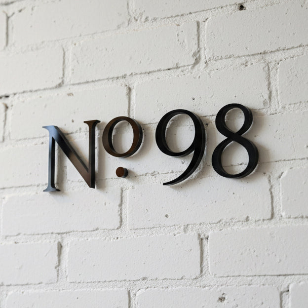 Black house numbers 'No.98' on a white brick wall