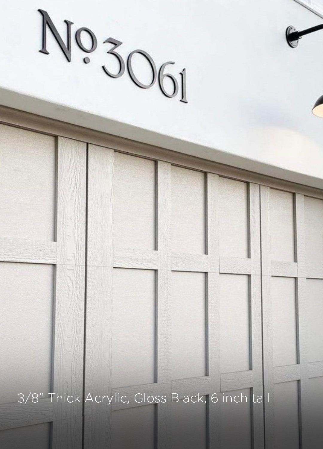 Decorative address numbers in black acrylic with 'No 3061' text on a white background