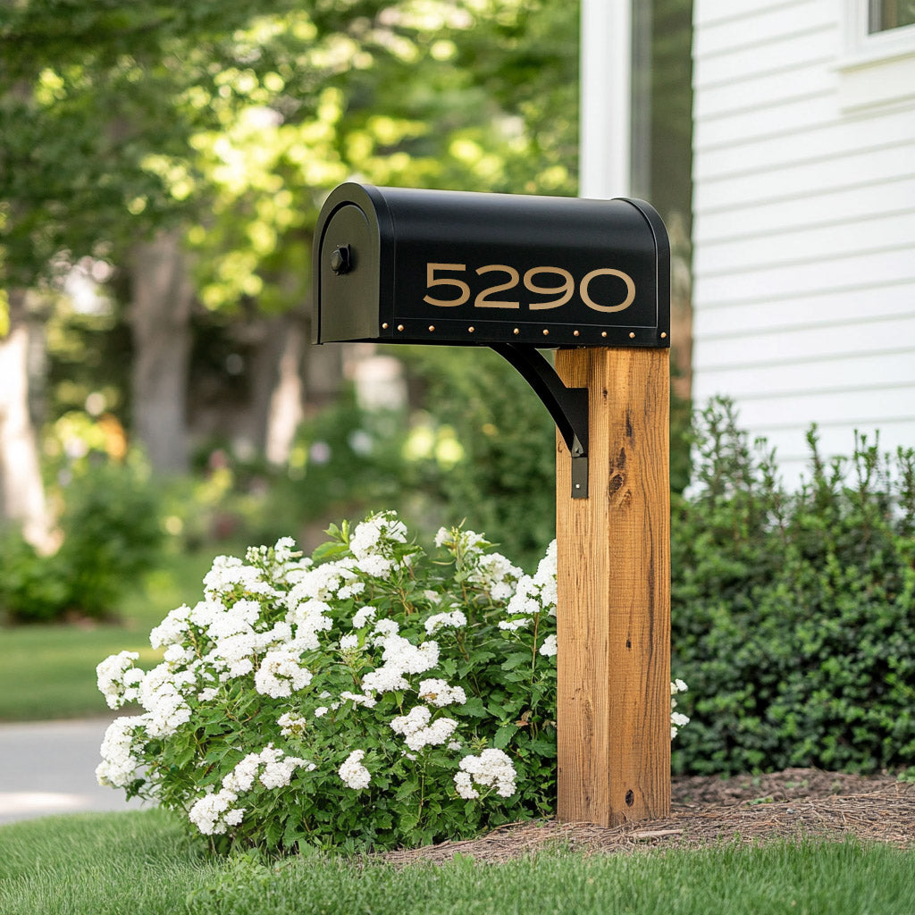 A black mailbox with vibrant, waterproof mailbox stickers displaying the number '5290' mounted on a wooden post, set against a white house and floral landscaping.