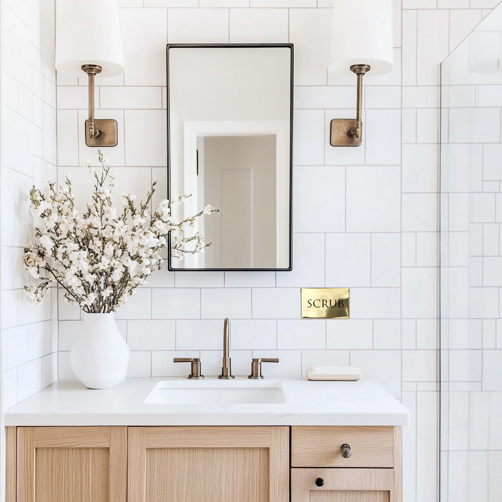 A custom accent tile with the text 'Scrub' installed above a bathroom sink and vanity, in a space with white tile walls, brass sconces, and a floral arrangement.