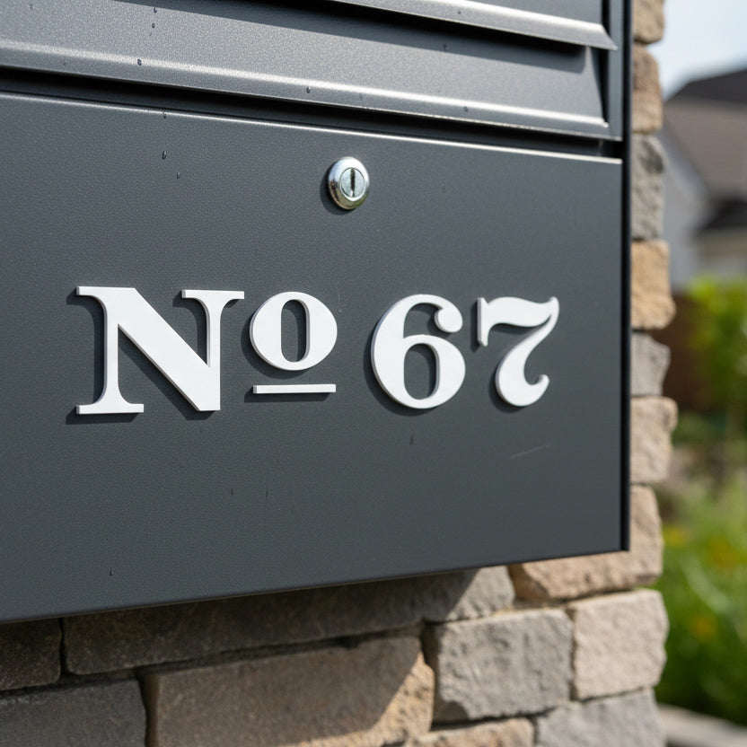 House number 'No 67' on a metallic mailbox against a stone wall.