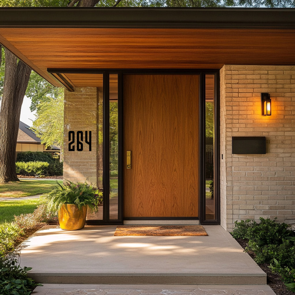 Modern house entrance with wooden door and glass panels, featuring the 1970's style house number '264'.