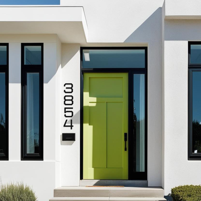 A modern house with a green door featuring a stylish number '3854' mounted on the wall using a black mounting bracket. 10 inch numbers