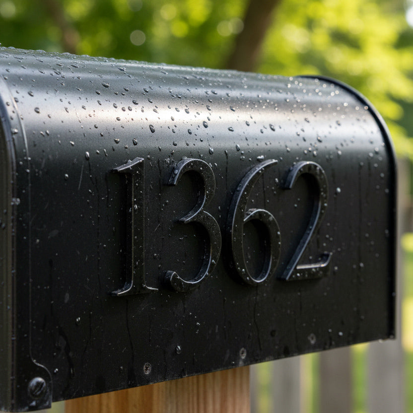 Black mailbox with numbers '1362' on a blurred green outdoor background