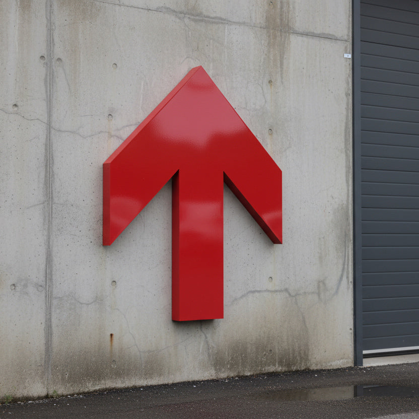 Red arrow-shaped sign on a concrete wall