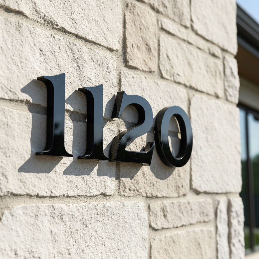Black house numbers '1120' on a stone building facade
