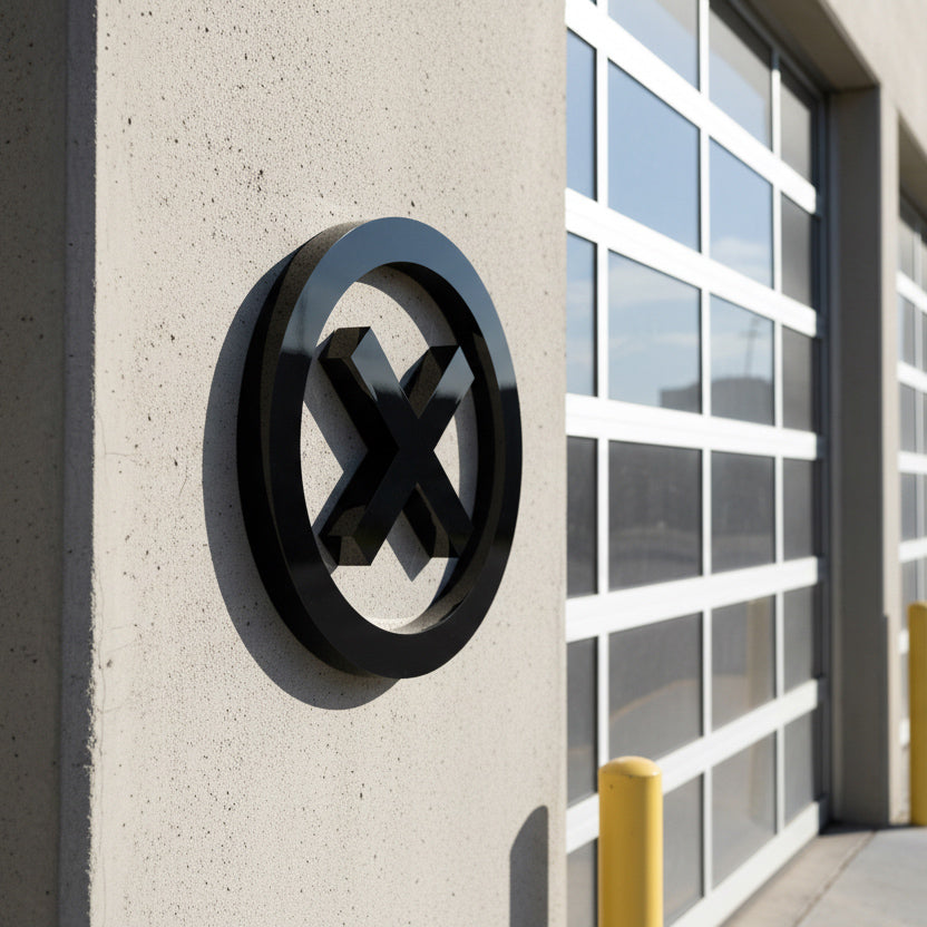 Black circular logo on a concrete wall next to a glass door