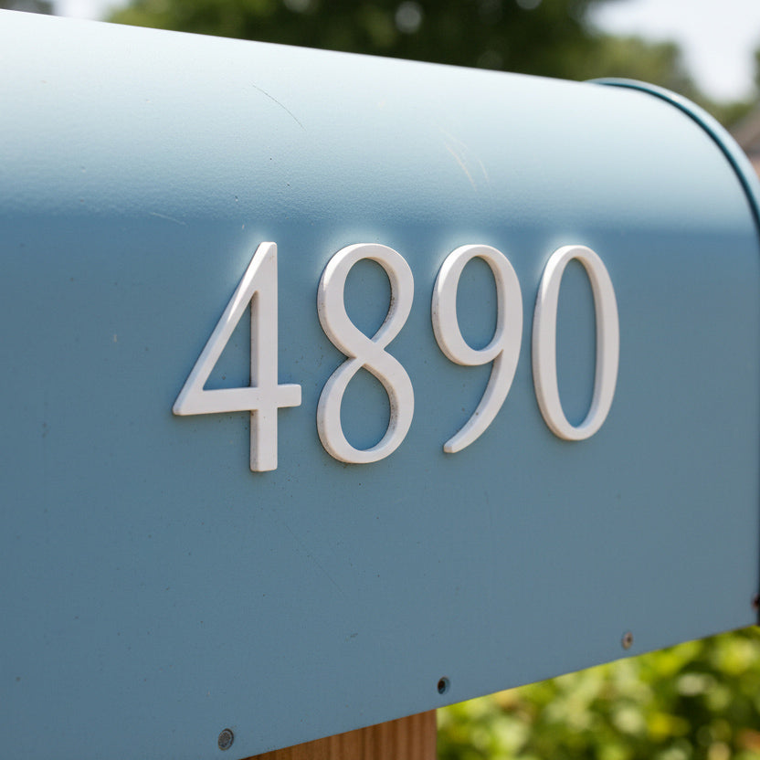 Blue mailbox with white house numbers '4890' against a blurred green background