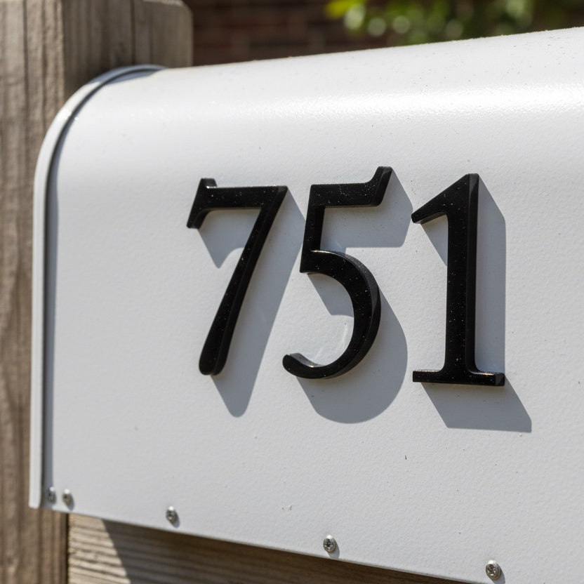 White mailbox with black house numbers '751' attached to a wooden post.