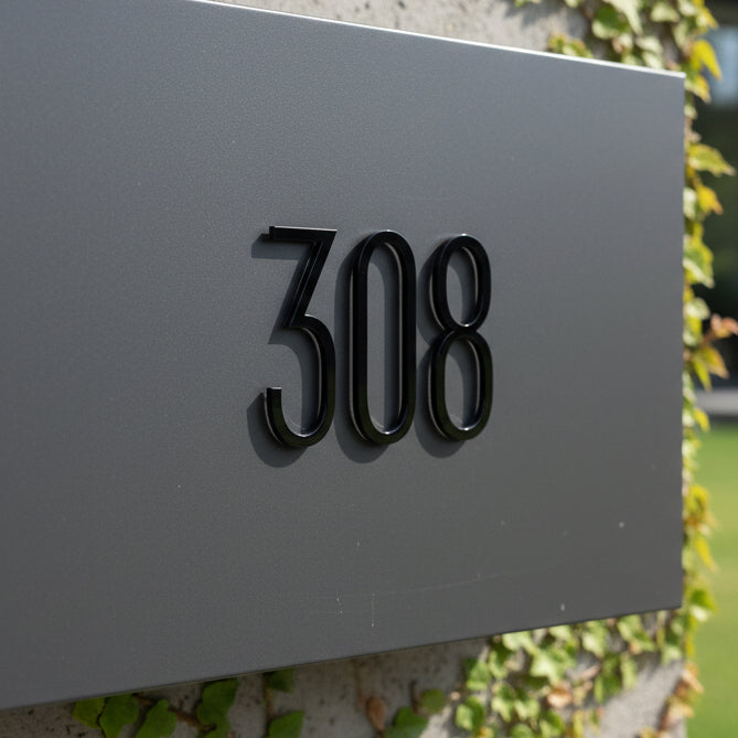 House number '308' on a gray mailbox with greenery in the background
