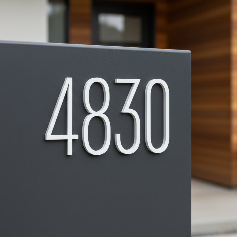 Modern house number '4830' on a dark gray mailbox