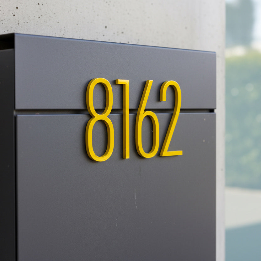 Gray mailbox with yellow house numbers '8162' on a blurred outdoor background