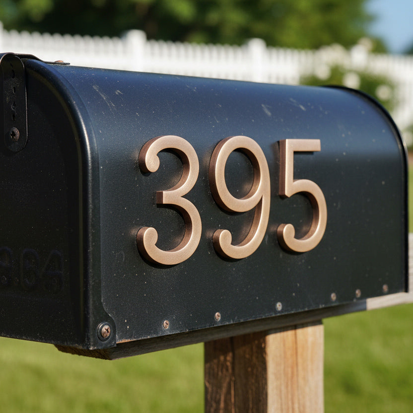 Black mailbox with bronze numbers '395' against a blurred green and white background