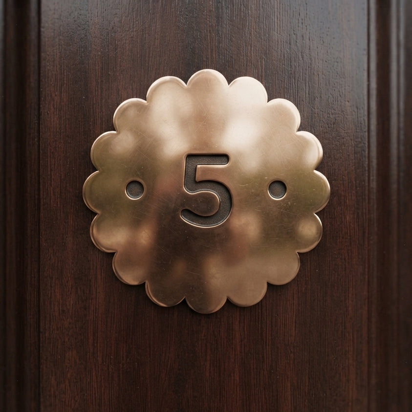 Polished Bronze plaque with a dark bronze number in the center and scalloped edge