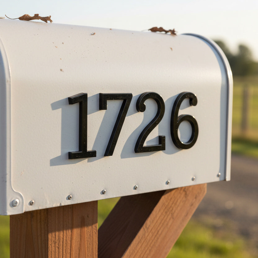 White mailbox with black numbers '1726' on a wooden post, blurred natural background