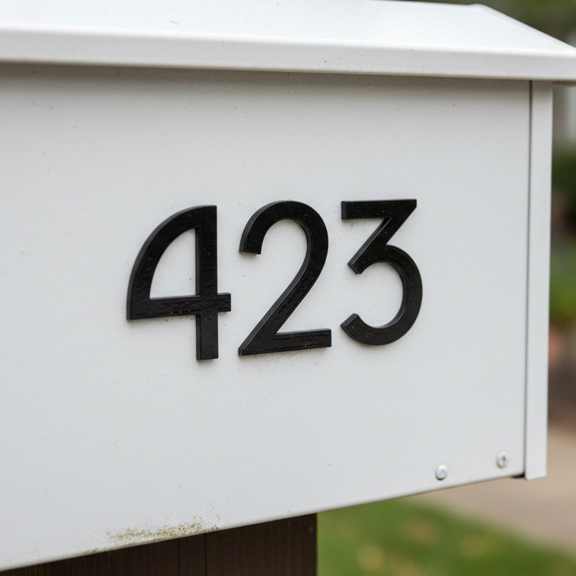 White mailbox with black house numbers '423'
