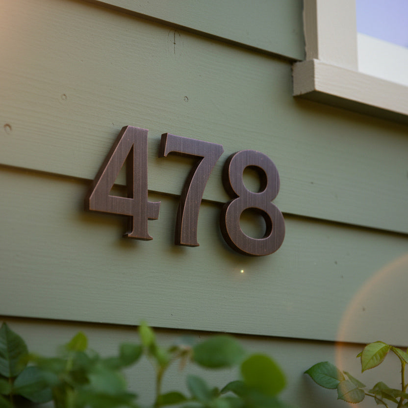 House number '478' on a light-colored wall with greenery in the foreground