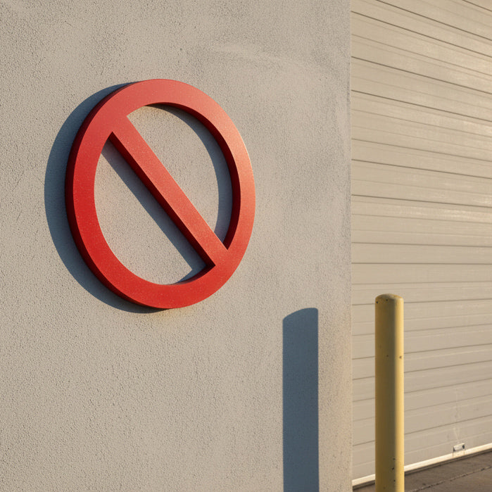 Red prohibition sign on a beige wall with a yellow pole in the background