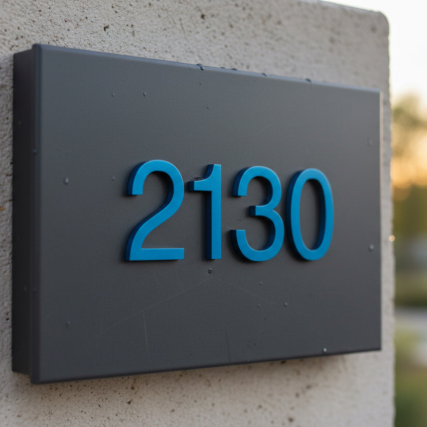 Modern house number '2130' on a gray plaque against a concrete wall.