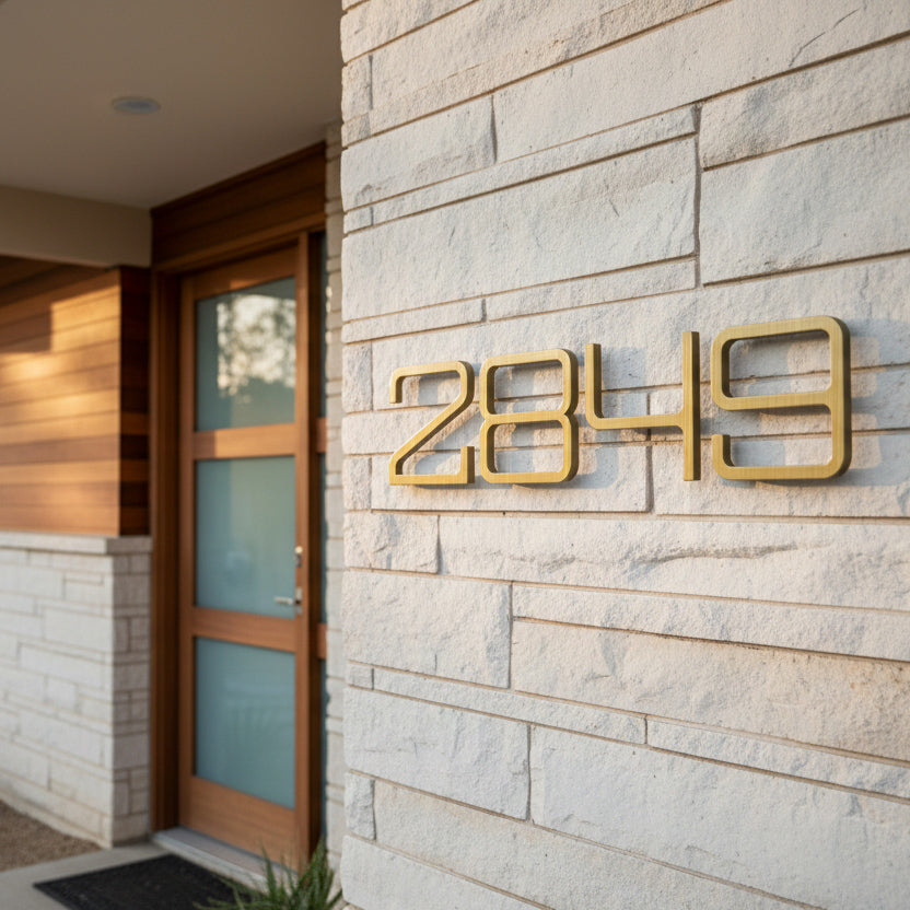 Modern house exterior with gold house numbers on a stone wall
