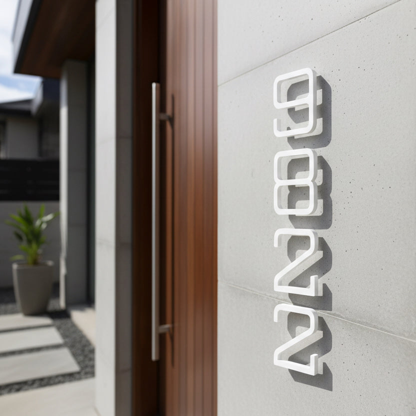 Modern house entrance with a wooden door and decorative white letters on the wall.