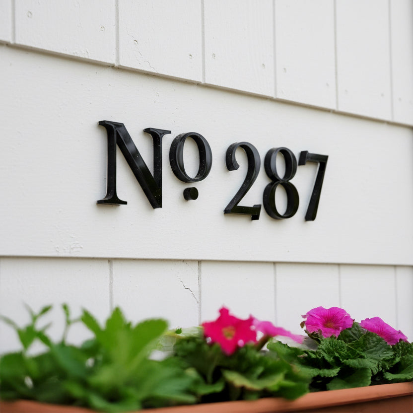 Black house numbers 'No 287' on a white wall with pink flowers in the foreground.