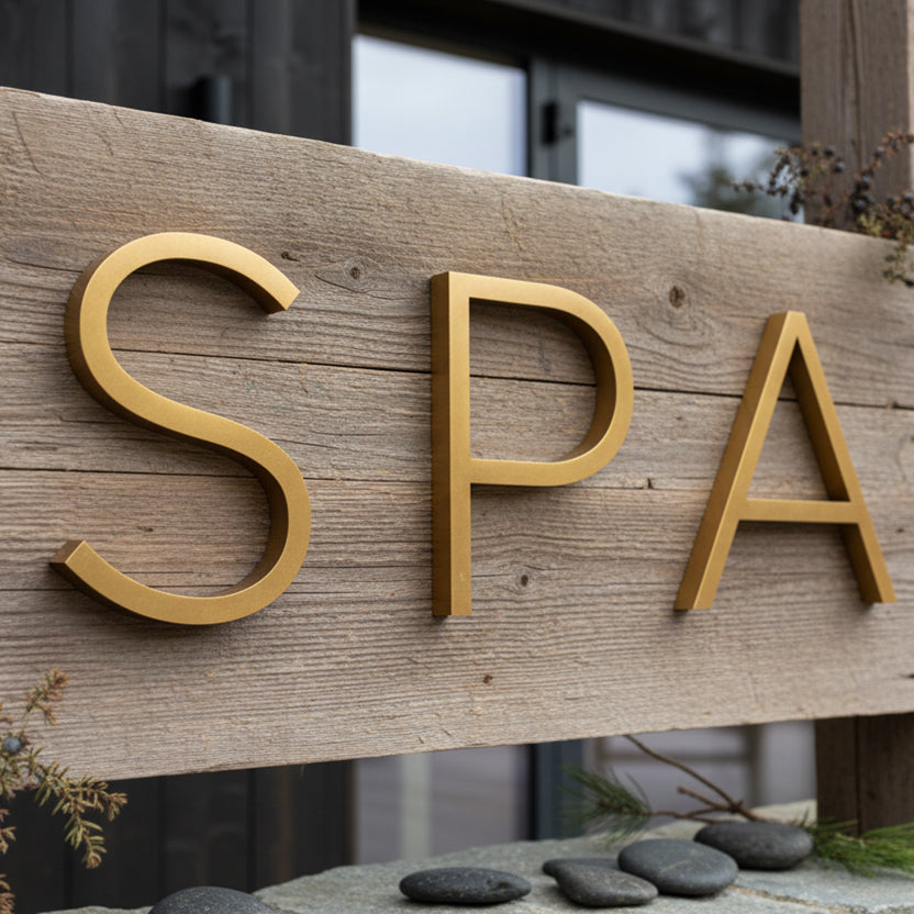 Wooden sign with gold letters spelling 'SPA' outdoors.