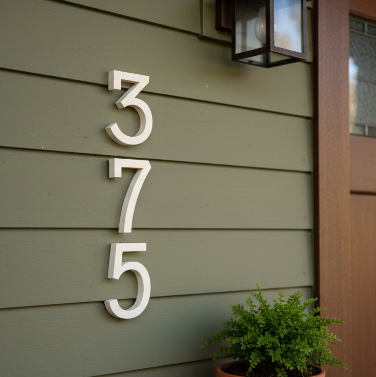 white House numbers '375' on a green house exterior with a light fixture above.