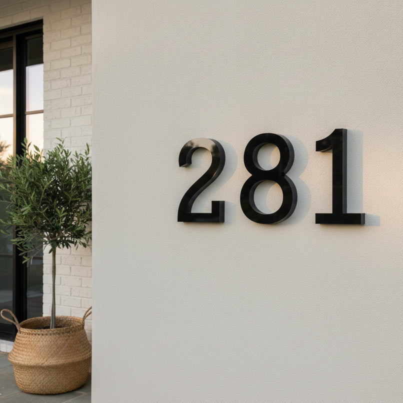 Modern house numbers '281' on a light-colored wall with a plant and basket in the foreground.