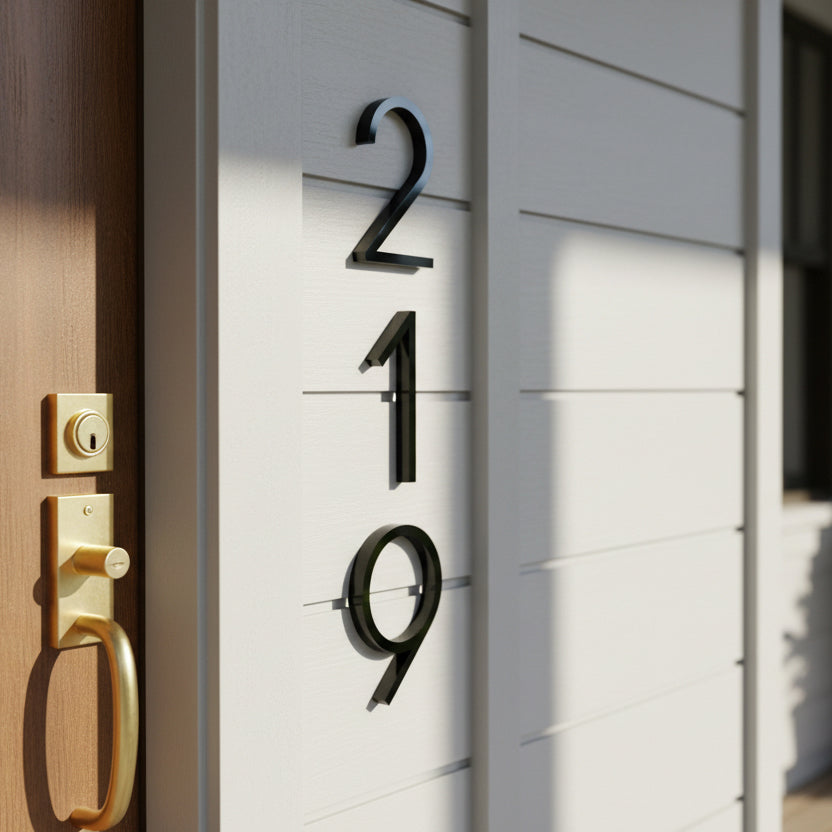 Modern house door with gold handle and black house numbers '219'.