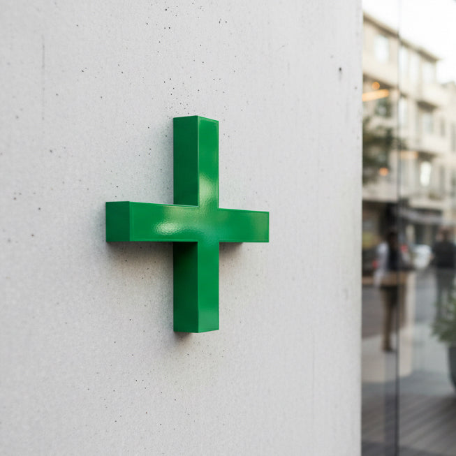 Green cross sign on a concrete wall with a blurred urban background