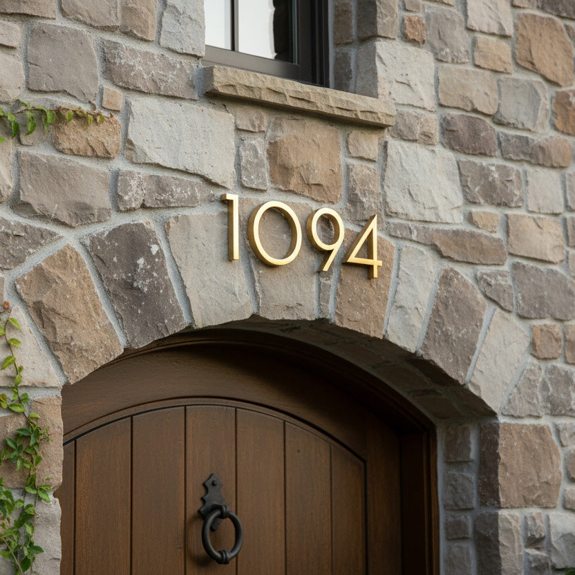 Stone building facade with a wooden door and gold house numbers '1094'.