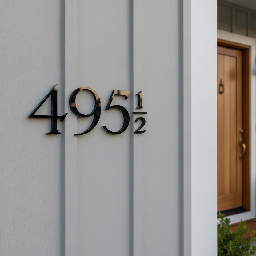 Modern black metal house numbers reading 495 1/2 mounted on a light gray vertical siding wall, with a wooden front door visible in the background.