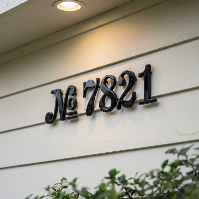 black House number '7821' on a building exterior with a light fixture above.
