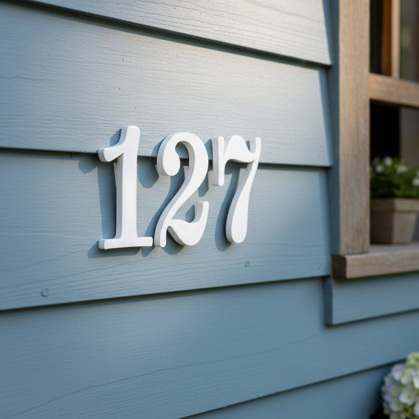 White house number '127' on a light blue house exterior.