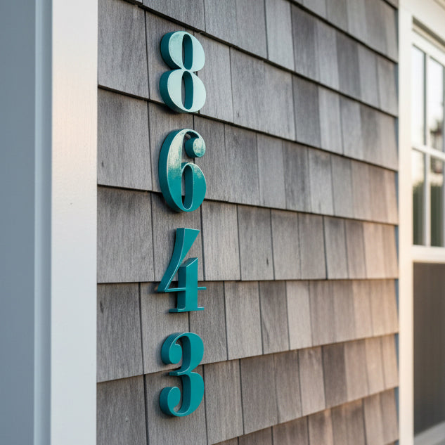 Teal house numbers on a wooden shingle wall