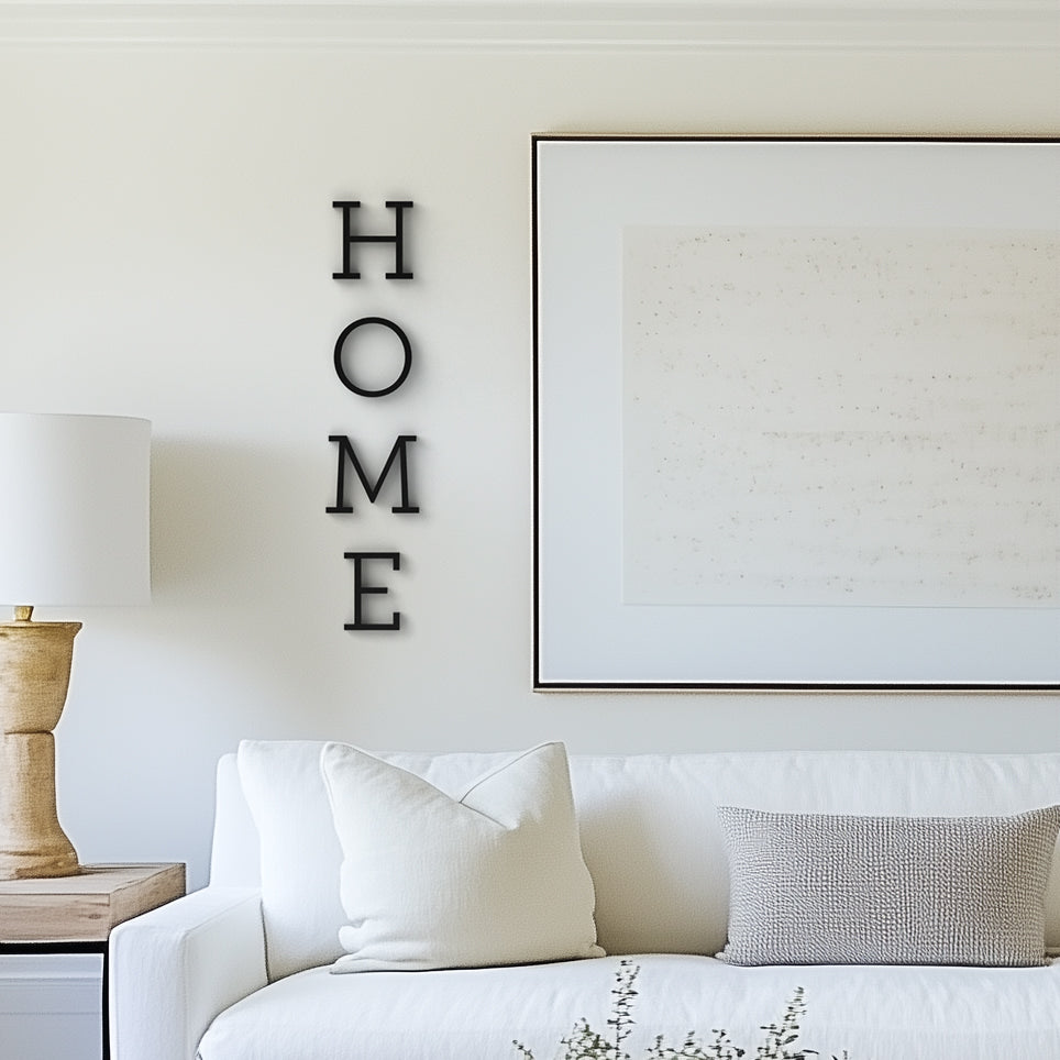 A wall-mounted sculpture of the word 'HOME' composed of black letters in a modern slab serif font, displayed above a white sofa in a room with a neutral color palette and a large framed artwork on the wall.