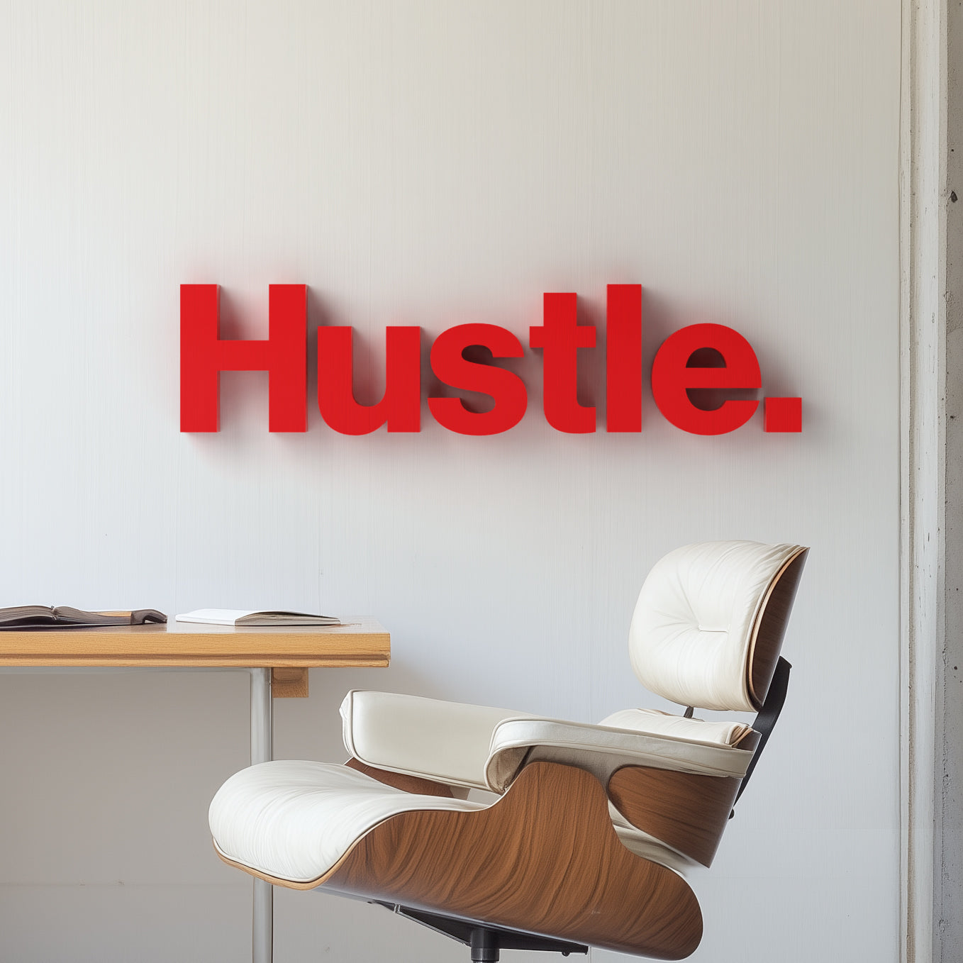 The image displays a three-dimensional wall-mounted sculpture of the word 'Hustle' in red letters, positioned above a desk and a modern chair, suggesting a work environment.