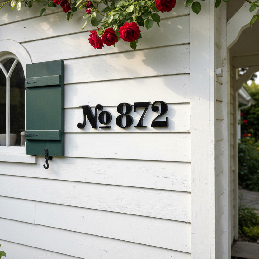 House number 'No 872' on a white wooden wall with red flowers above.