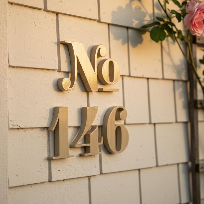 Gold house number 'No 146' on a beige tiled wall with a blurred flower in the background.