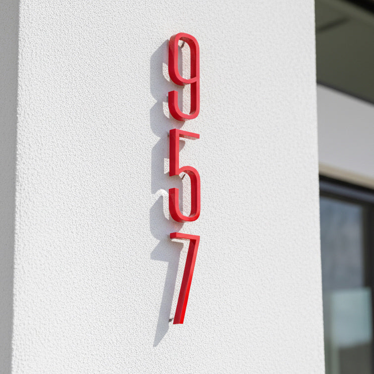Red house numbers '957' on a white wall