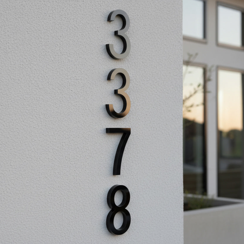 Modern house numbers '3378' on a light gray wall.