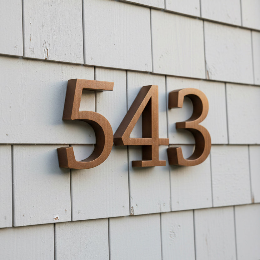 House numbers '543' on a gray shingled wall