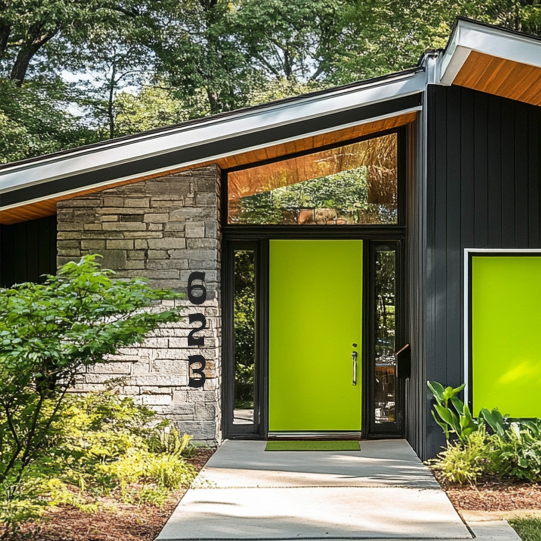 Mid century modern house with lime green door and black house numbers 8 inch