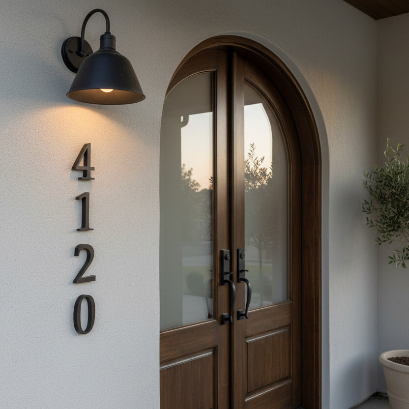 Wooden door with house numbers 4120 on a white wall with a lamp.