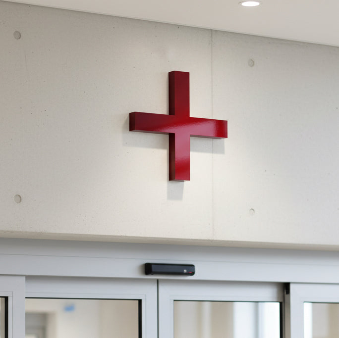 Red cross symbol on a white wall above a glass door