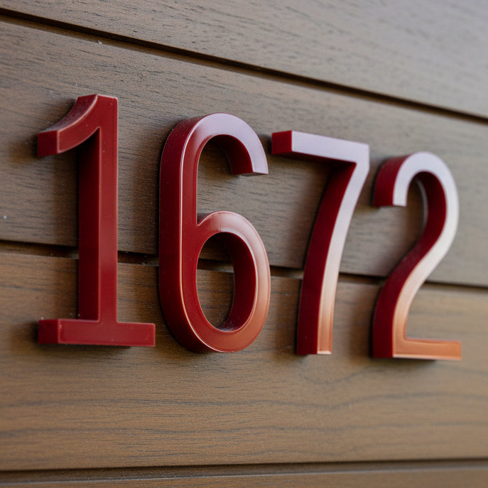 Red house numbers '1672' on a wooden background