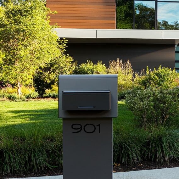 Mailbox stickers in black 5 inch tall on a black and grey modern mailbox