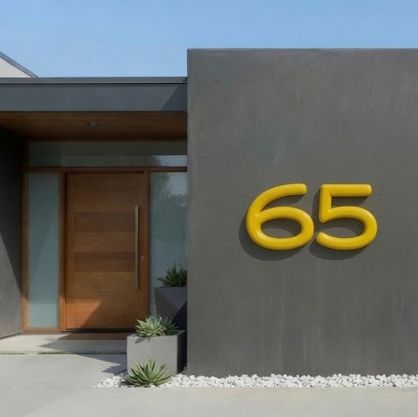 Modern house exterior with a gray wall and yellow house number '65'.