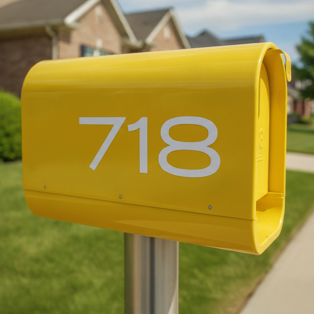A bright yellow mailbox mounted on a metal post in a suburban front yard, with the white number 718 printed on the front and a blurred house, grass, and sidewalk in the background.
